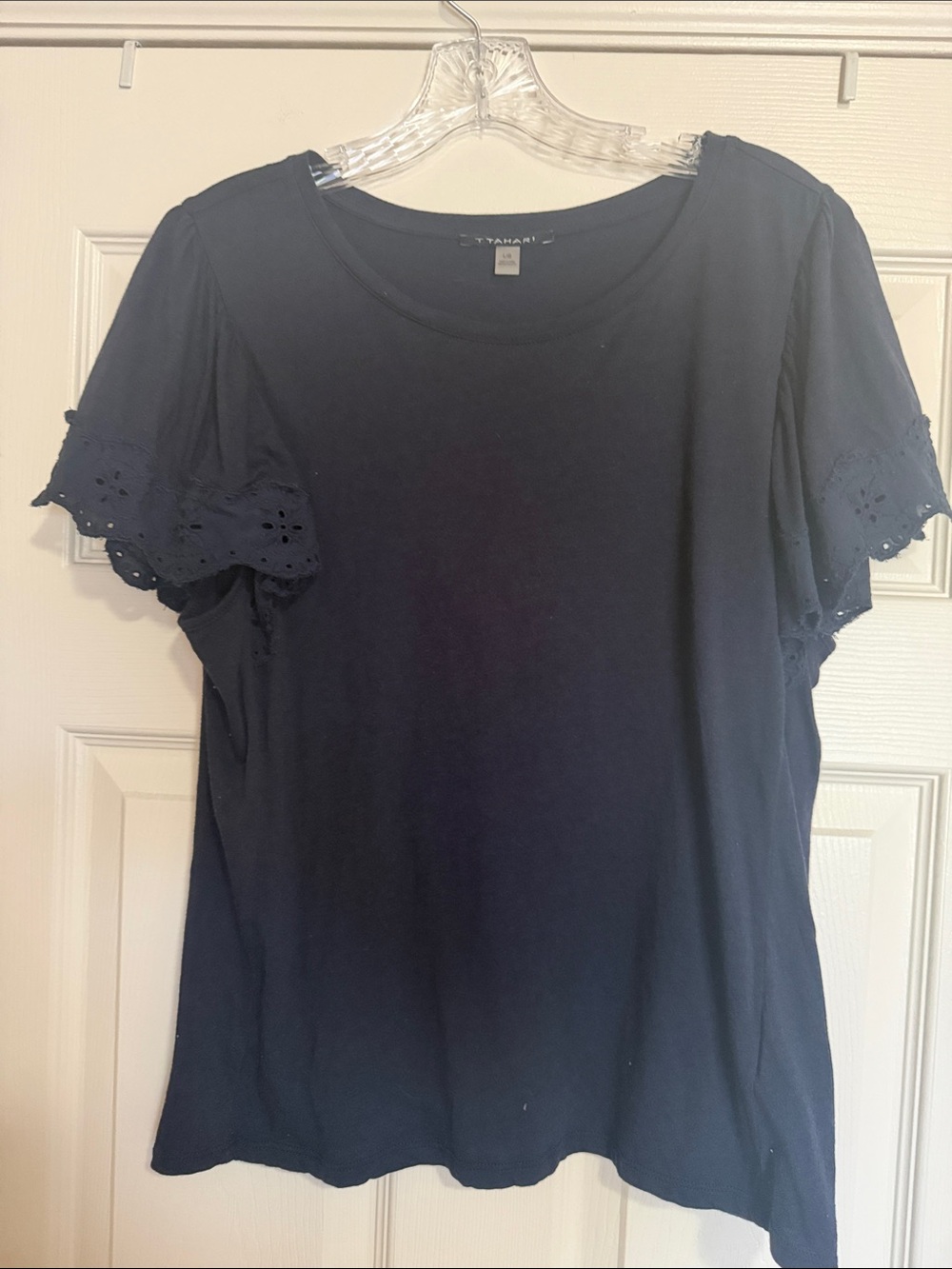 T Tahari Navy Short Sleeve Top with Eyelet Ruffle Sleeves